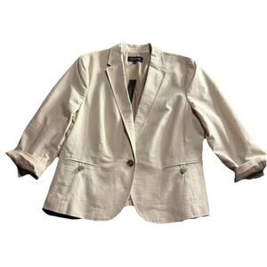 NEW Talbots Ivory Khaki Striped Blazer Jacket Sz 16 Single Button 3/4 Sleeve